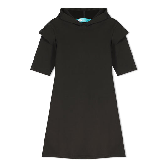 Ruffle Sleeve Hoodie Dress- Black