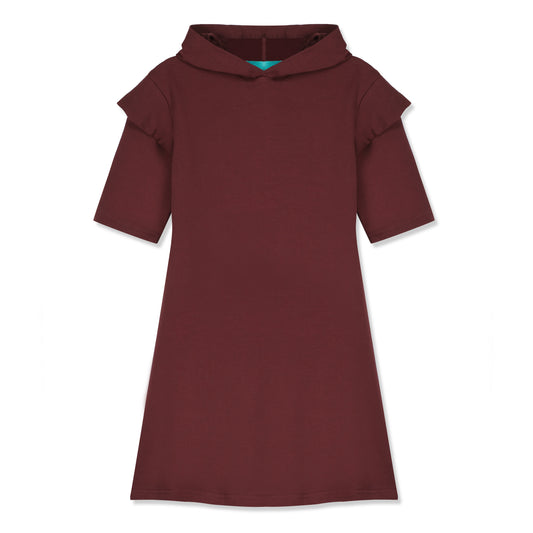Ruffle Sleeve Hoodie Dress- Burgundy